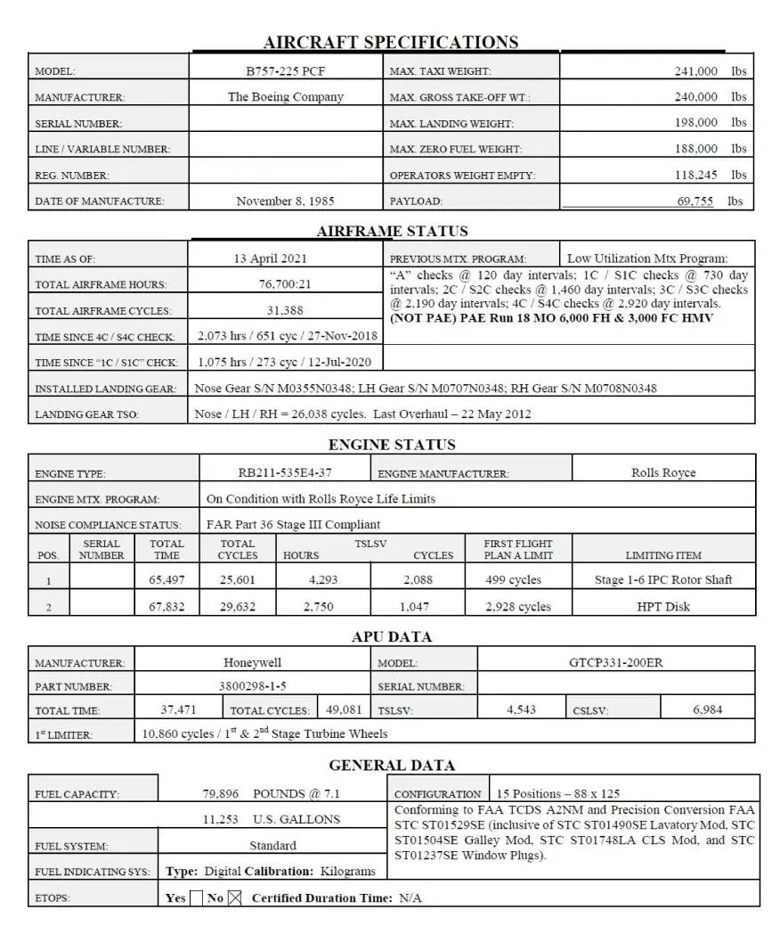 Boeing 757 aircraft specification sheet